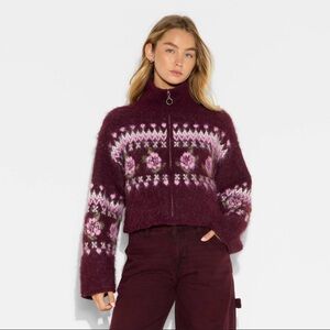 ♥️ Women's Full Zip Mock Turtleneck Cardigan - Wild Fable™ Burgundy Floral S